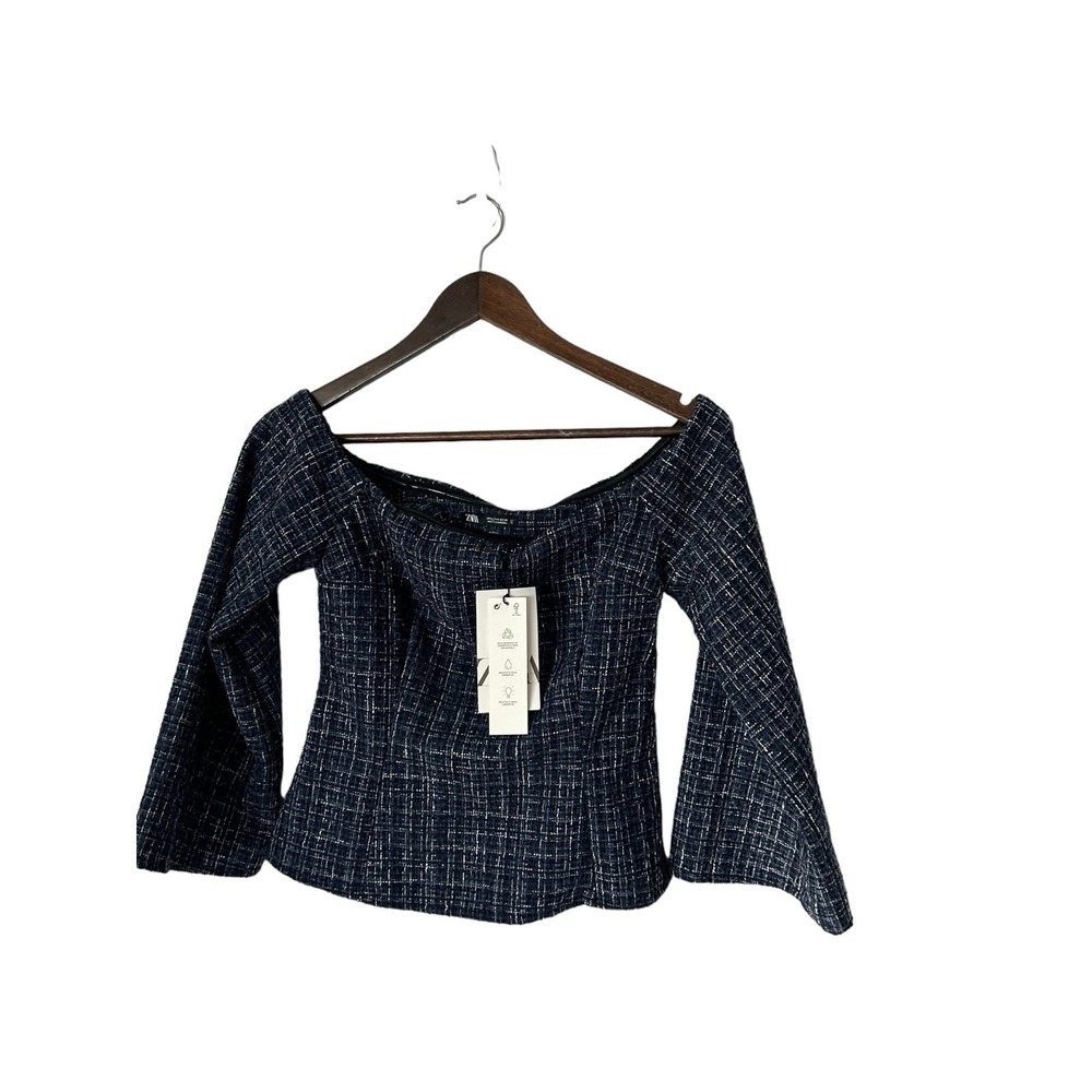 Zara‎ sz small off shoulder blue tweed texture top shirt womens